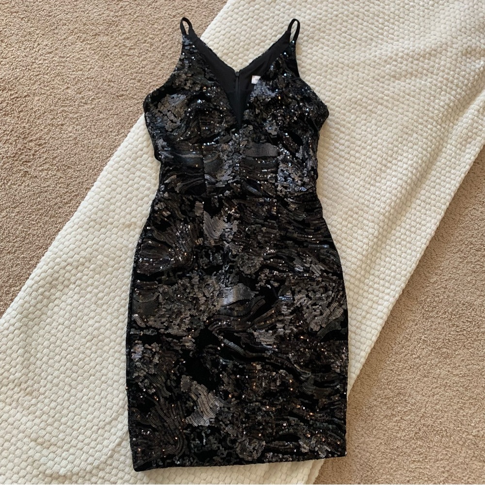 Dress the Population Black Velour Sequin Spaghetti Strap Mini Dress Size XS